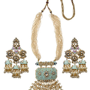Gold Plated Pastel Blue And Pink Meena Work Pendant Set