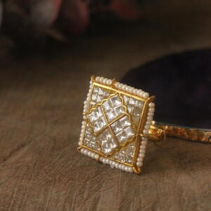 Heritage Wedding Wear Ring In Square With Jadau Stones And Pearls