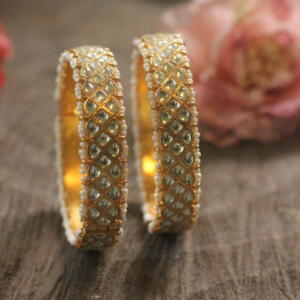 Riana Set Of 2 White Jadtar Bangles With Moti Work(Pair)