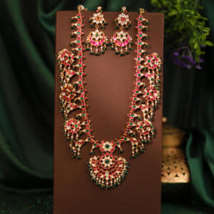 Elegant & stunning gold plated pink and green long necklace set