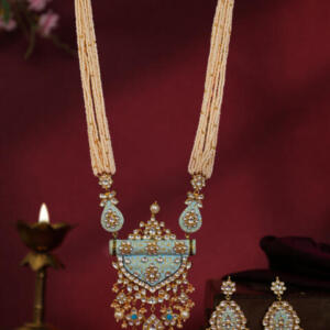 Firozi blue pendant necklace with delicate mina work and long festive wear earings
