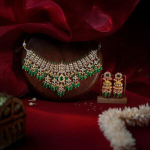 White jadtar stone Bridal necklace set with emerald drops