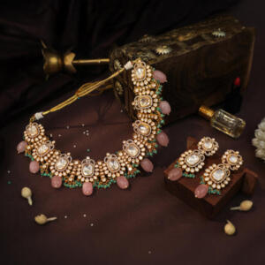 Pastel mozonite necklace set with Jade stones