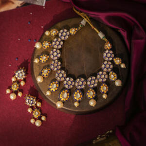 Royal mina work necklace in blue colour with pearls