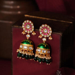 Floral ruby jhumki earings with mina work in south style