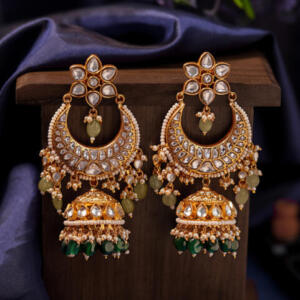 Chandbali jhumki earings with emerald drops and floral tops