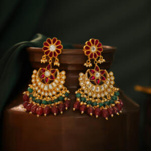 silver chandbali drop earings with ruby beads in floral design