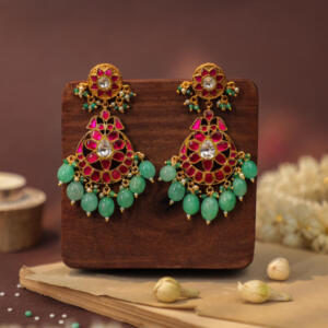 Ruby earings in unique design and pastel green drops