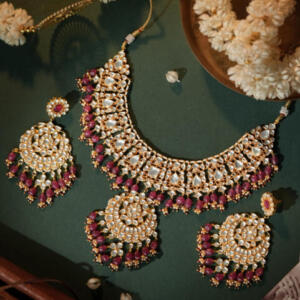 Gold plated rose pink beaded necklace set with chandbaali earings