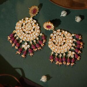 pink beaded festive wear chandbaali earrings