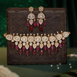 Rani pink gold plated ruby beaded choker necklace set