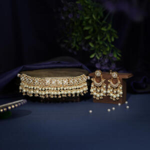 Gold plated white pearl choker set with 3 layer beads