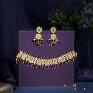 Minimalistic Traditional jadtar choker necklace & Earrings with marron & purple set