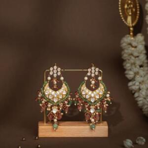 semi precious sea green stone kundan-style chandbali earrings