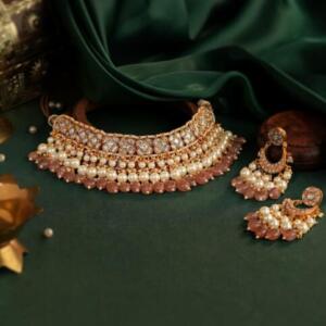 Gold finish pastel pink beaded choker set with pearl