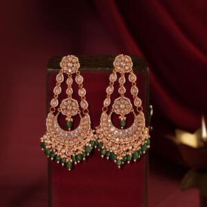 Emerald green beaded long chandbaali earrings