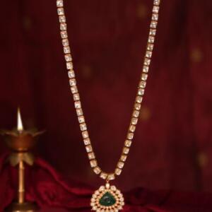 White long necklace with teardrop pendant crafted jadau Necklace.