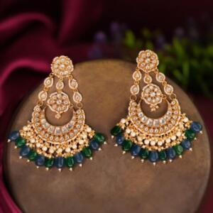 Chandbali with a fushion of Emerald and blue saphire beads