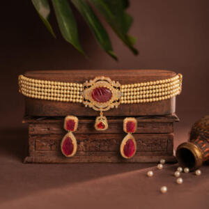 Handcrafted Gold Plated Red Stone With Pearl Choker Set