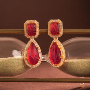 Red Carving stone design gold plated Earrings