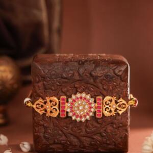 Designer gold plated Floral Centerpiece and Pink Crystals choker