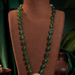 Emerald green beaded Long maala with round stone pendant