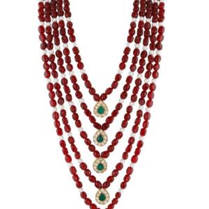 Red and green elegant wear 5 layer maala with emerald touch