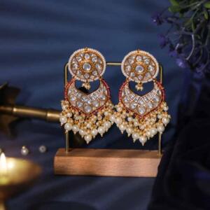 Handcrafted Gold Plated Drop Earrings with Kundan, Beads, Pearls & Enamel Work