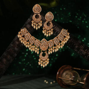 White pearl beaded semi precious gold plated choker necklace set