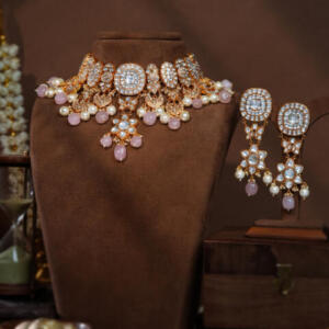 Gold plated silver based Bridal necklace set in  style with rose quartz tumble beads t