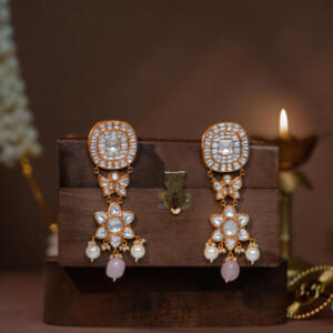Floral design  drop long earrings with rose quartz drops