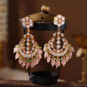 Gold-Plated Floral Kundan & Pearls Studded Drop Earrings