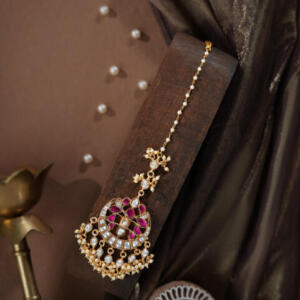 Ruby Pink Kundan & Pearl Maang Tikka