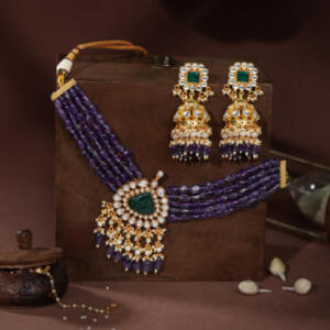 Emerald and Amethyst Beaded jadtar Choker Necklace set