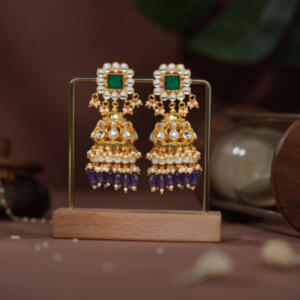 purple beaded with emerald green stone jhumka