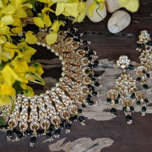 GOLD PLATED GREEN COLOR HEAVY BRIDAL NECKLACE SET