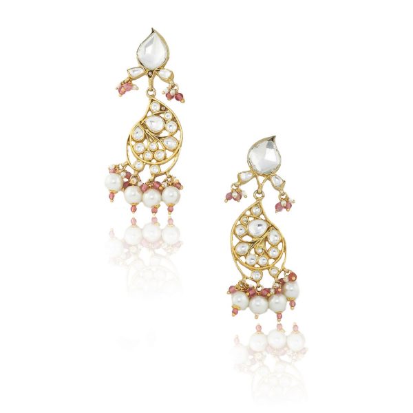 WHITE SMALL STONE OVAL MOTIVES NECKLACE SET WITH PEARL AND LIGHT PINK  HANGINGS
