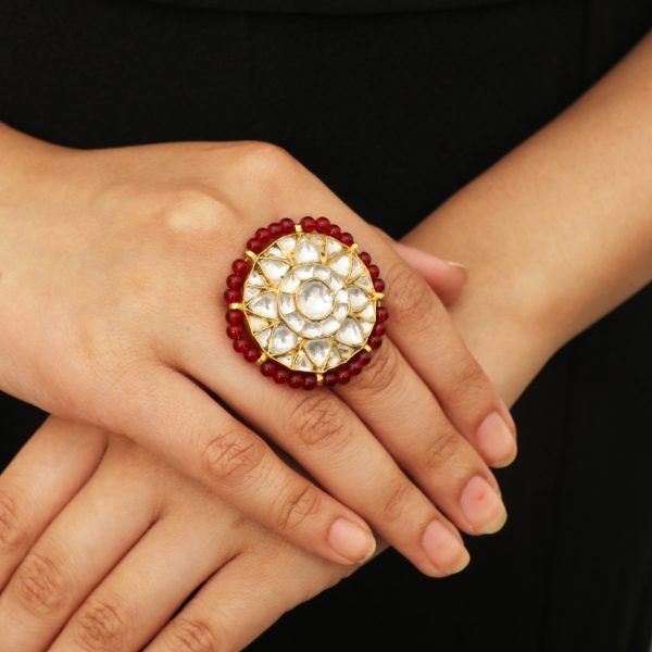 RED MOTI WORK WHITE JADTAR STONE RING