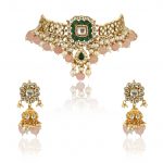 GREEN SQUARE SHAPE WITH LIGHT PINK BEADS CHOKER SET