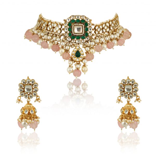 GREEN SQUARE SHAPE WITH LIGHT PINK BEADS CHOKER SET