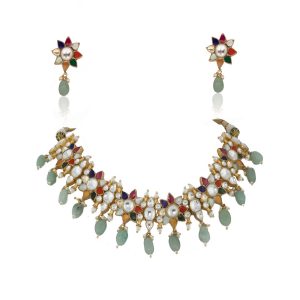 Multi Color Gold Plated Jadtar Bridal Necklace Jewellery