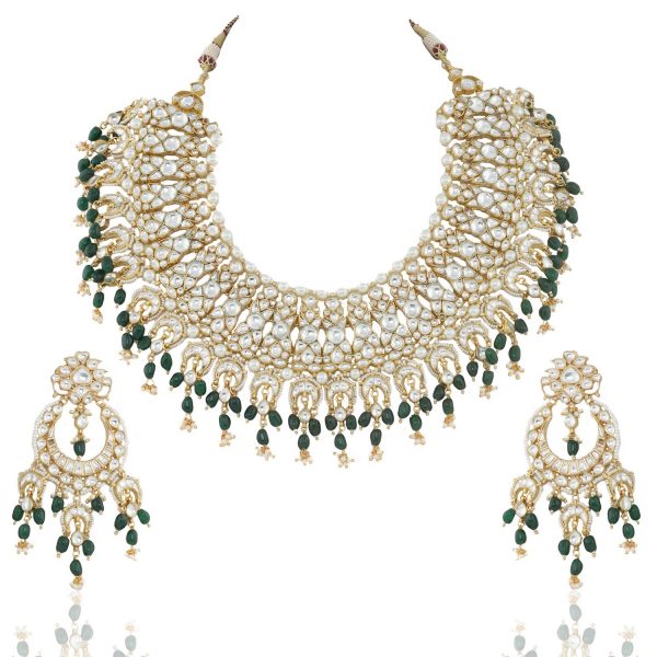 GOLD PLATED GREEN COLOR HEAVY BRIDAL NECKLACE SET