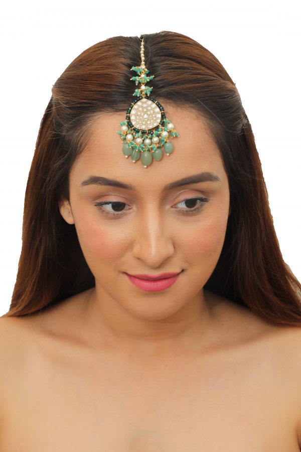 WHITE TIKKA  GREEN MOTI WORK AND SEA GREEN BEADS  WITH PEARL.