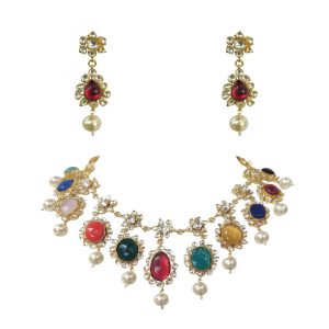 NAVRATNA CHOKER SET WITH WHITE PEARL 