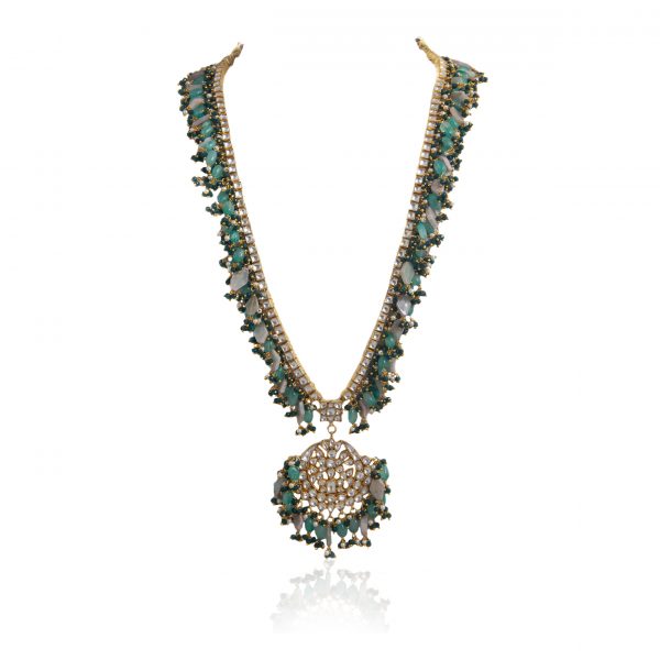 ONE LINE STONE WITH  LIGHT SEA GREEN BEADS LONG NECKLACE