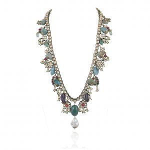 SEA GREEN BEADS WHITE PEARL AND JADTAR STONE NECKLACE 