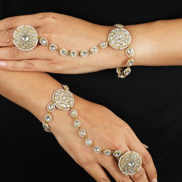 WHITE JADTAR STONE WITH SMALL MOTI WORK  HATHPHOOL(PAIR)