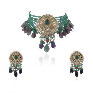 GREEN AND PURPLE WHITE JADTAR STONE NECKLACE SET