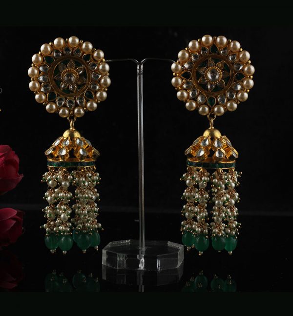 Stones and beads studded jhumkas with long hangings
