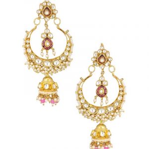 Whilte & Pink Jadtar Studded Chandbalis